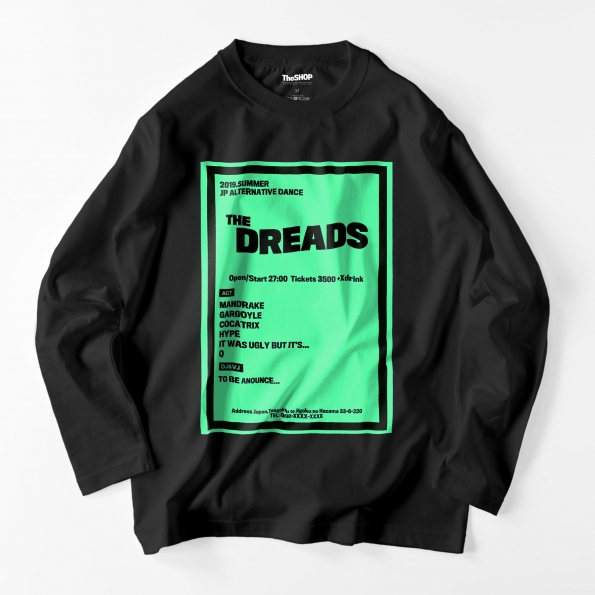 正面にTHE DREADSと緑色でプリントされた黒い長袖Ｔシャツ